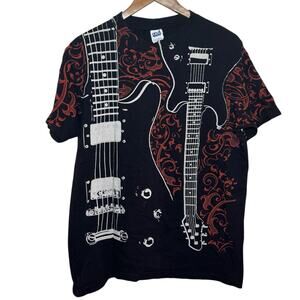 Vtg Liquid Blue Abstract Guitar Print Allover Size Large Anvil T-Shirt